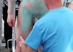 Blue painted cock outside