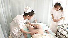 Asian nurses shaving male patients