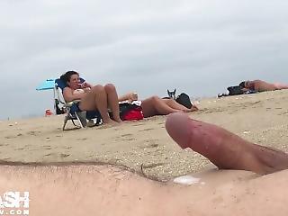 Wifes shaved handjob penis on beach